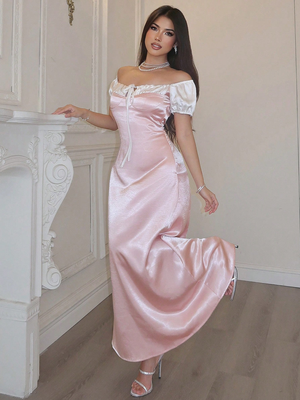 19445 1a-050 Vestido sin hombros con mangas abullonadas 1 Pza