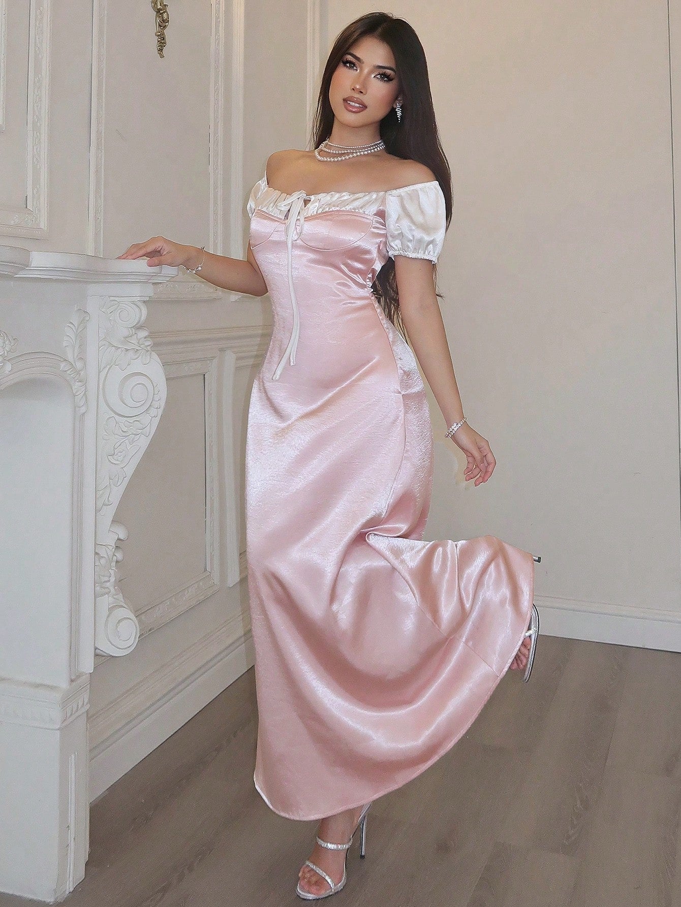 19445 1a-050 Vestido sin hombros con mangas abullonadas 1 Pza