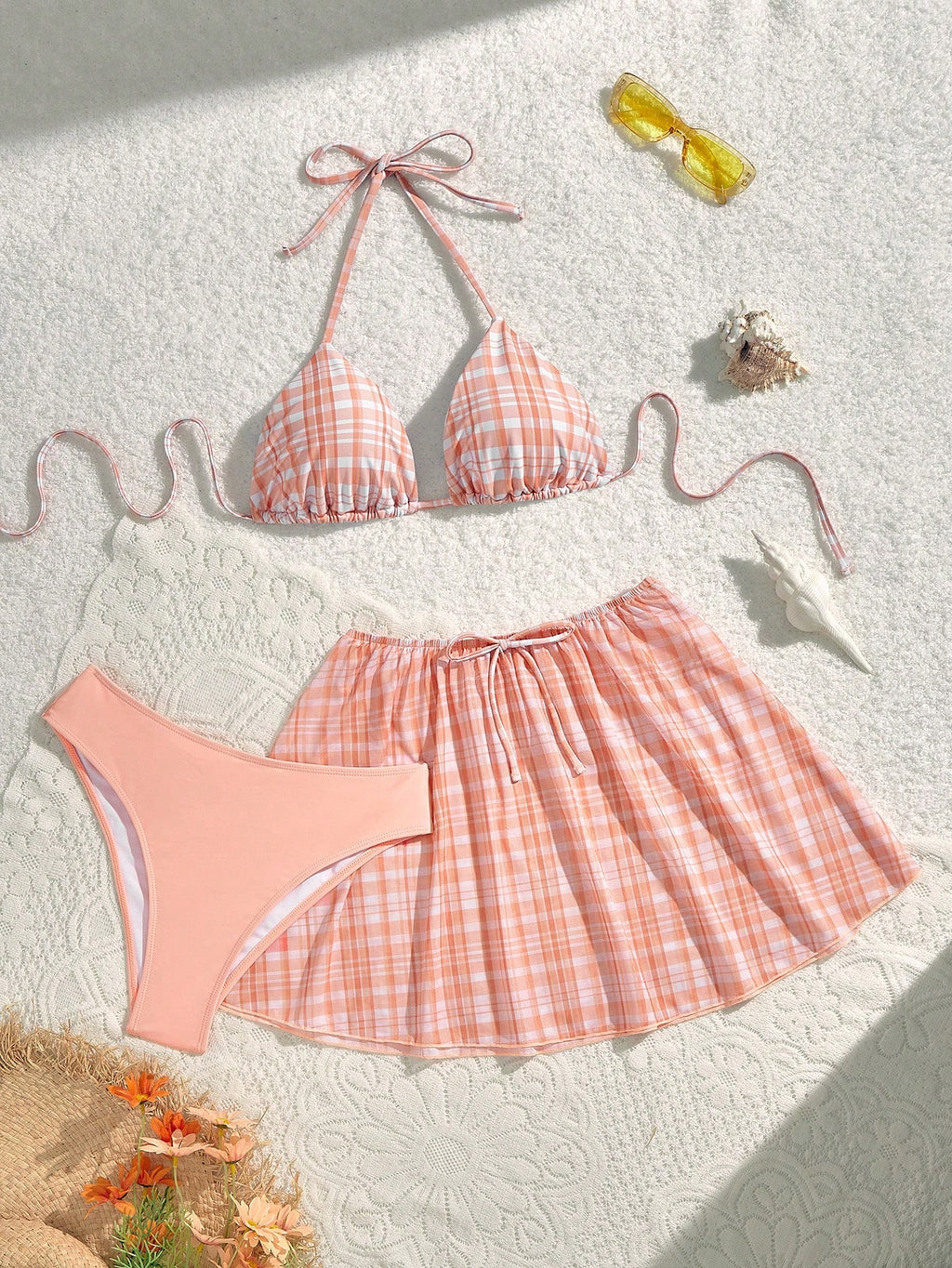 19803 1a-122 Bikinis a cuadros naranja y blanco con cuello de halter 3Pzs