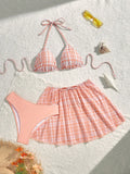 19803 1a-122 Bikinis a cuadros naranja y blanco con cuello de halter 3Pzs