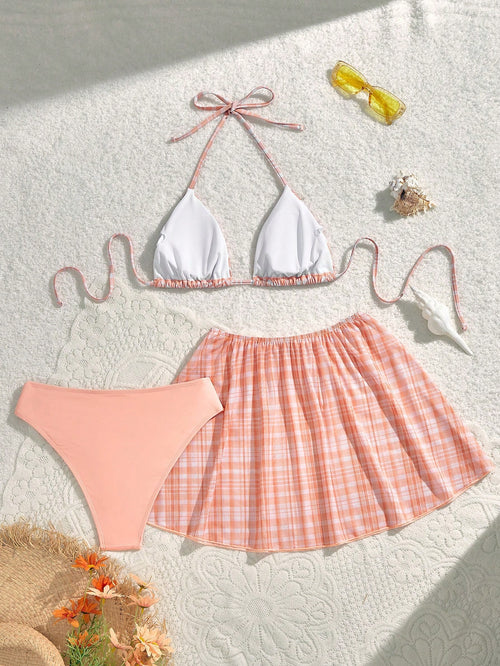 19803 1t-002 Bikinis a cuadros naranja y blanco con cuello de halter 3Pzs