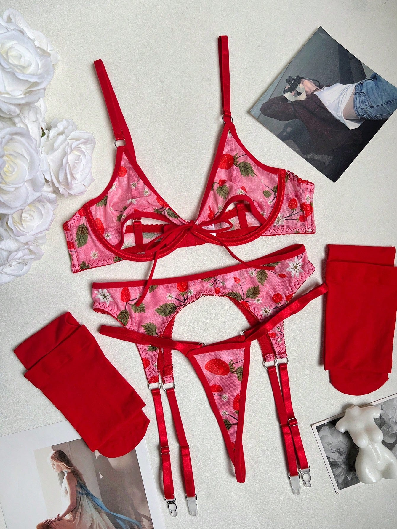 19892 1a-024 Lencería Floral de Encaje Sexy y Kawaii para Mujer, Ideal para Salir de Fiesta 4Pzs