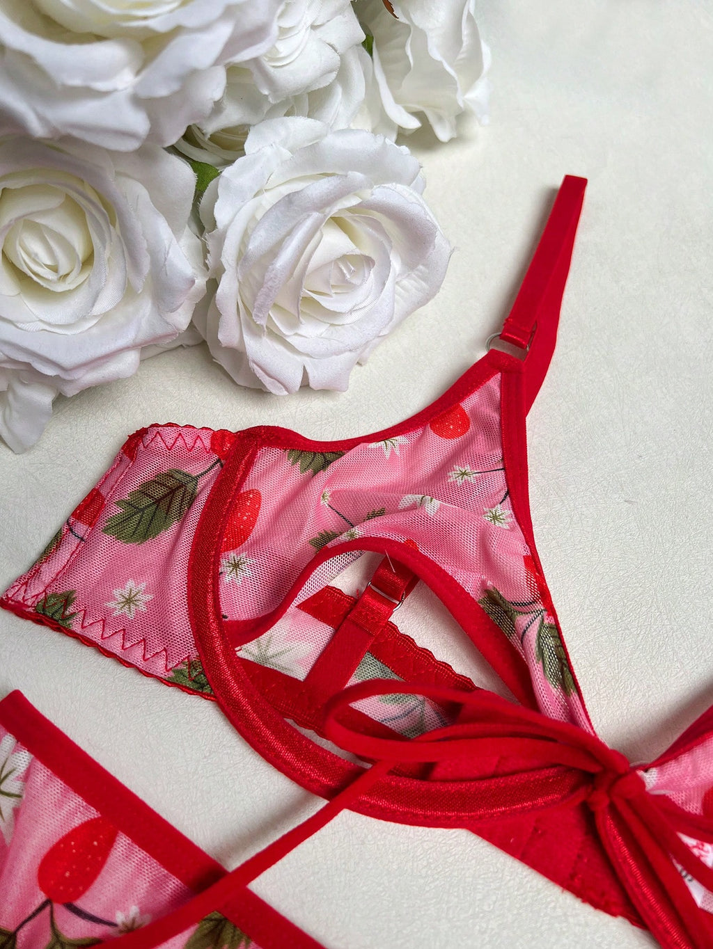 19892 1a-024 Lencería Floral de Encaje Sexy y Kawaii para Mujer, Ideal para Salir de Fiesta 4Pzs