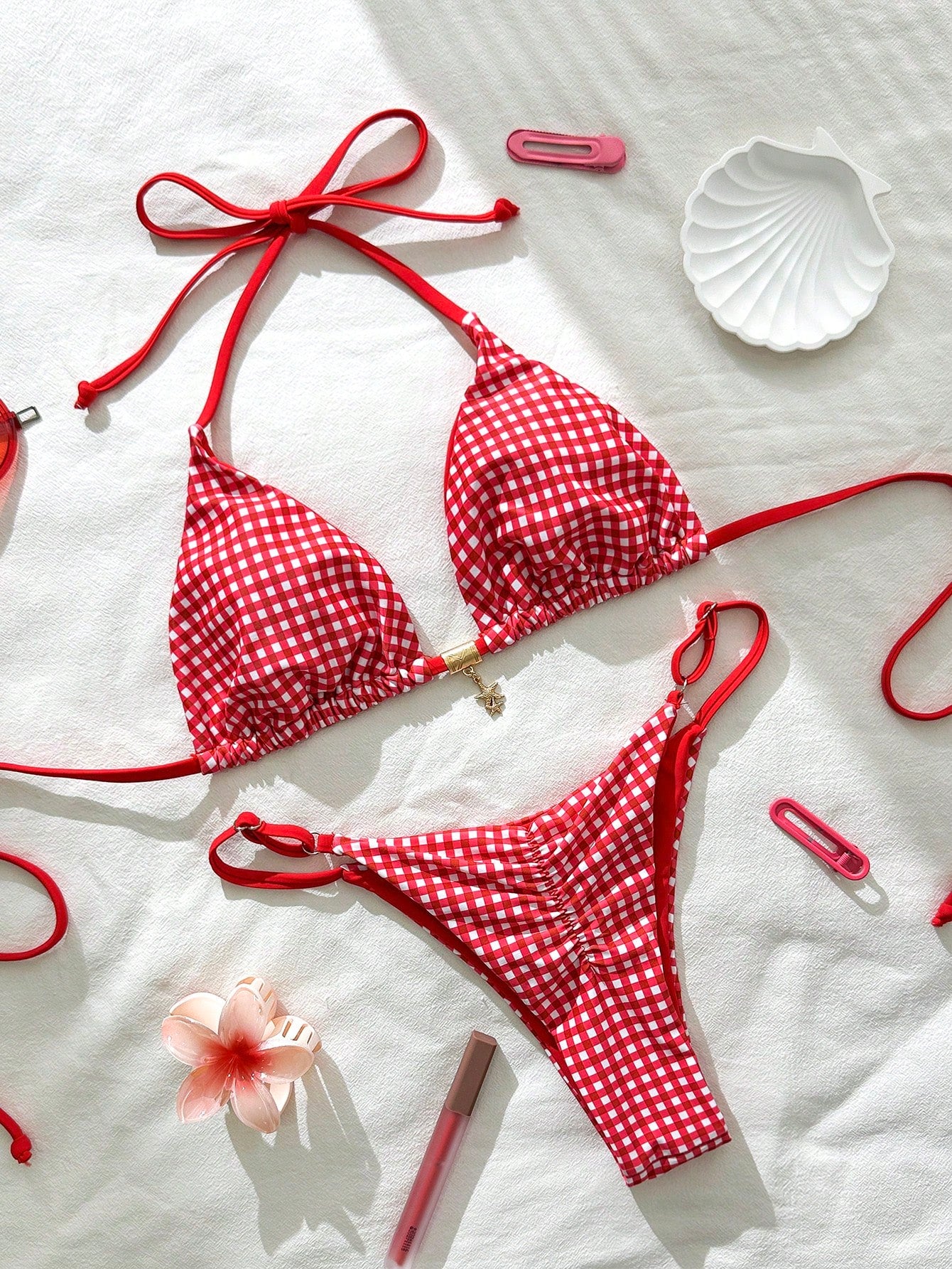 19914 1a-082 Bikini sexy con tirantes finos y estampado a cuadros 2PZS