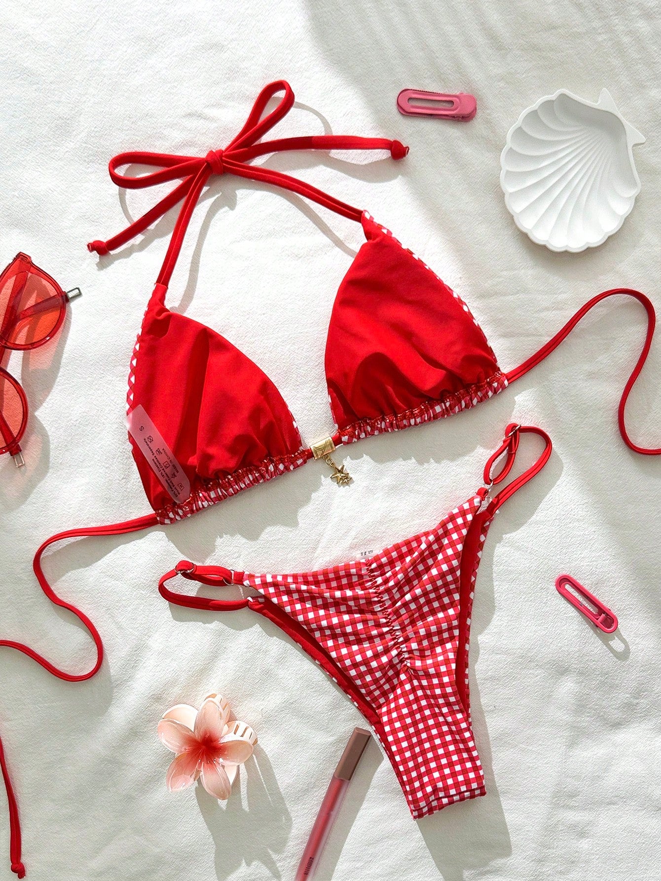 19914 1a-082 Bikini sexy con tirantes finos y estampado a cuadros 2PZS