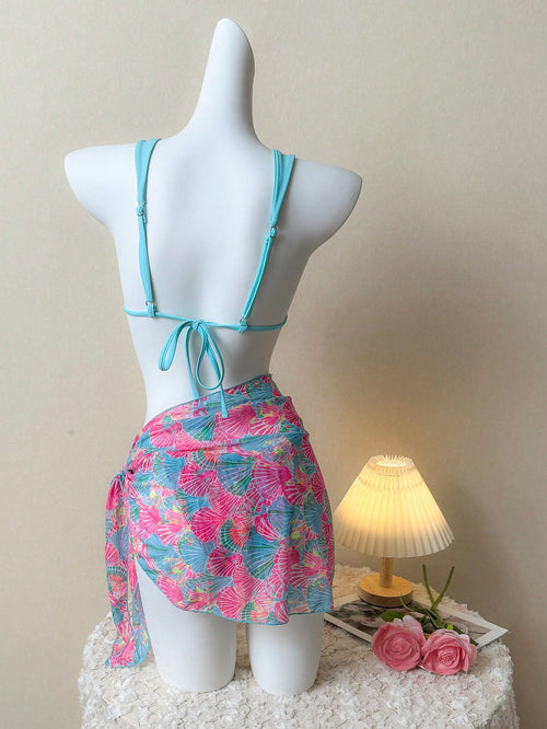 19887 1t-002 Conjunto de bikini con falda de malla con estampado aleatorio 3Pzs
