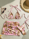 19886 1a-122 Bikini de mujer con estampado de leopardo y rosa para vacaciones 3Pzs