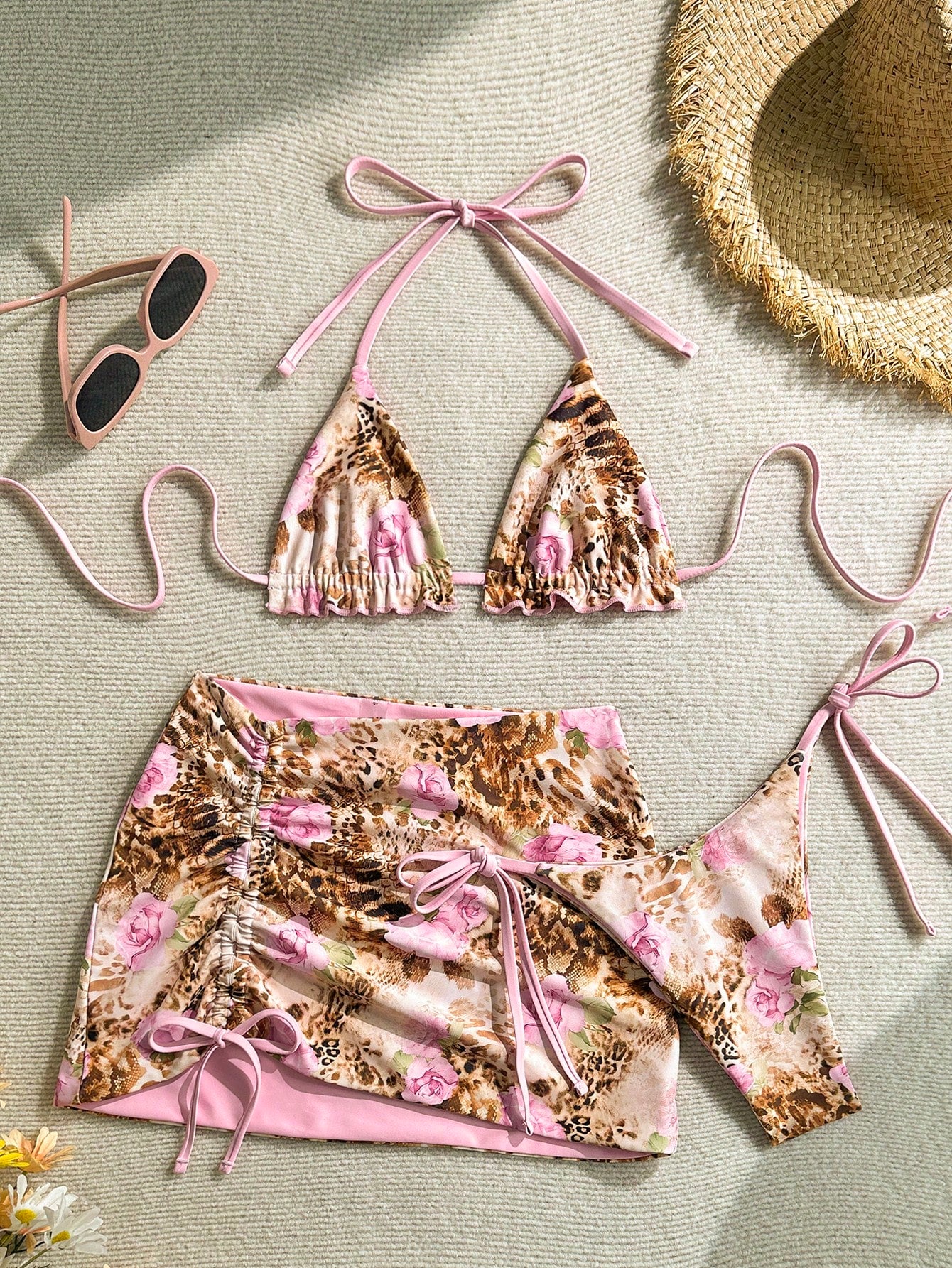 19886 1a-122 Bikini de mujer con estampado de leopardo y rosa para vacaciones 3Pzs