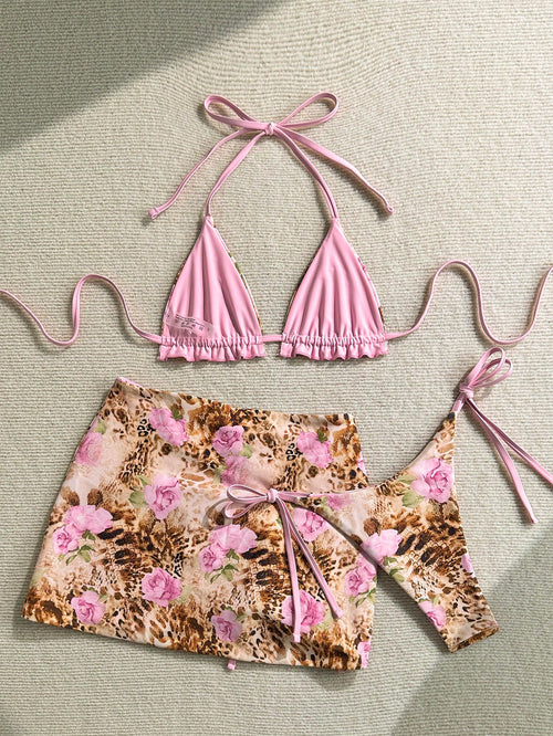 19886 1R-001 Bikini de mujer con estampado de leopardo y rosa para vacaciones 3Pzs