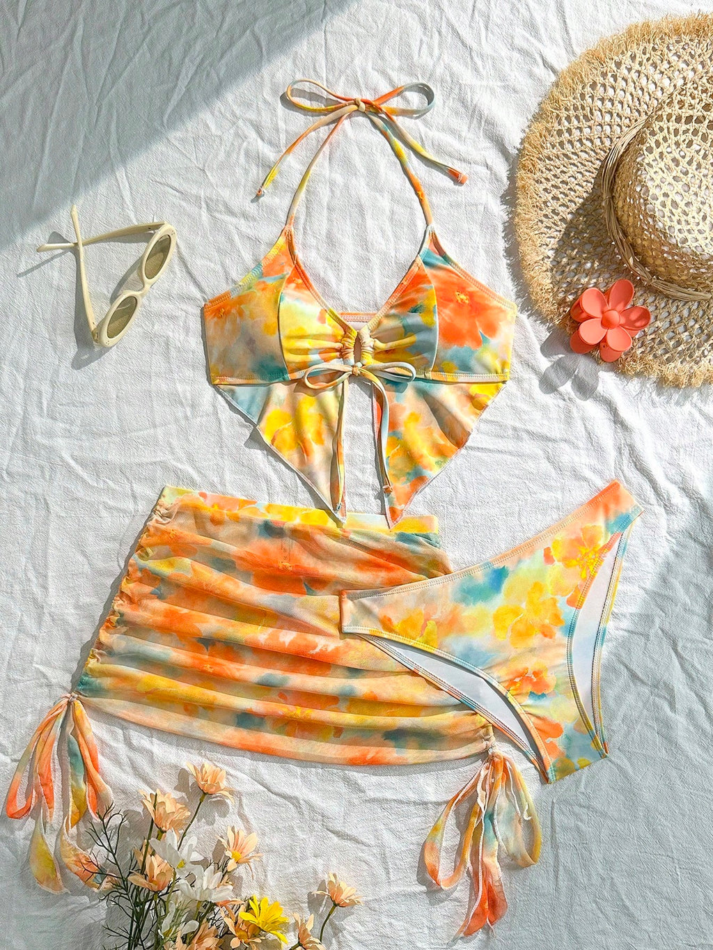 19905 1a-128 Traje de baño de una pieza con volantes y estampado floral de estilo rural 3Pzs