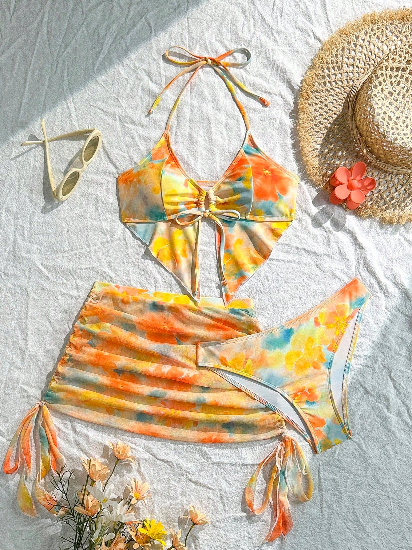 19905 1a-128 Traje de baño de una pieza con volantes y estampado floral de estilo rural 3Pzs