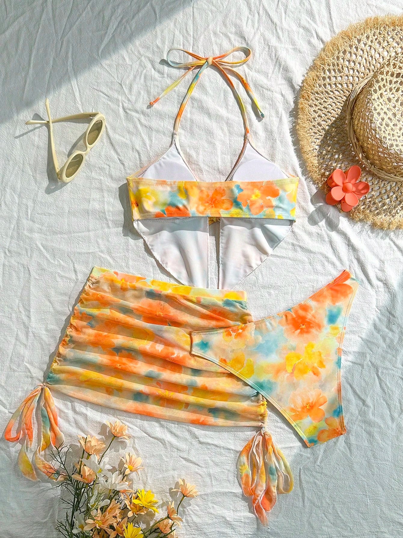 19905 1a-128 Traje de baño de una pieza con volantes y estampado floral de estilo rural 3Pzs