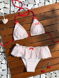 19910 1t-002 Bikini parte superior tipo triángulo de lazo mariposa con volantes y estampado de lunares 2Pzs