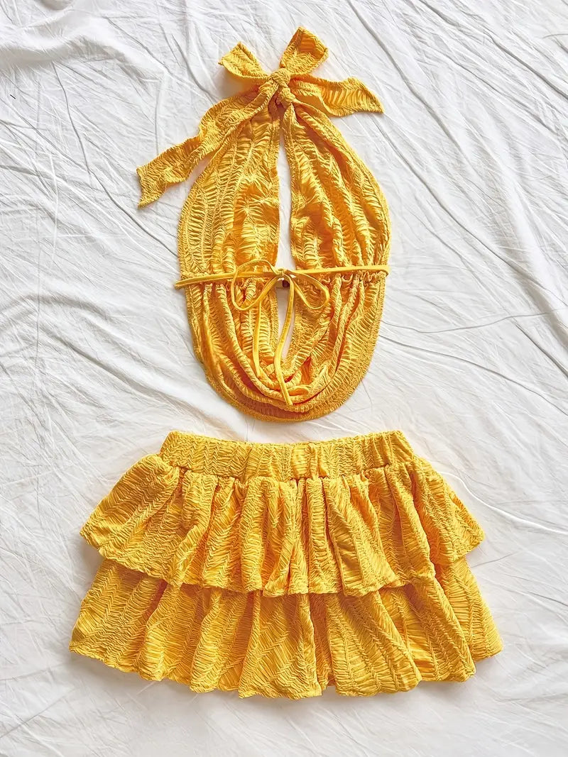 19883 1a-021 Conjunto bralette con escote en v y espalda deubierta, falda mini 2Pzs