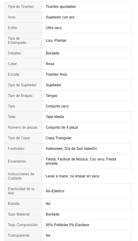 19892 1a-024 Lencería Floral de Encaje Sexy y Kawaii para Mujer, Ideal para Salir de Fiesta 4Pzs