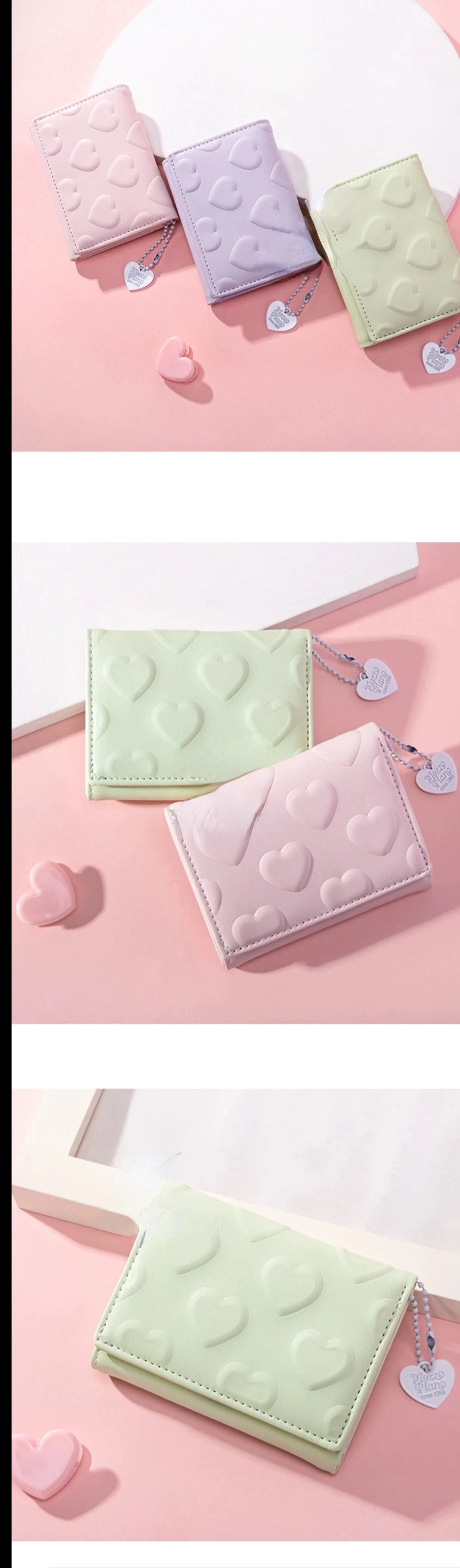 11382 1c-007 Monedero corto de cuero PU para mujer, billetera de Color sólido con estampado de amor