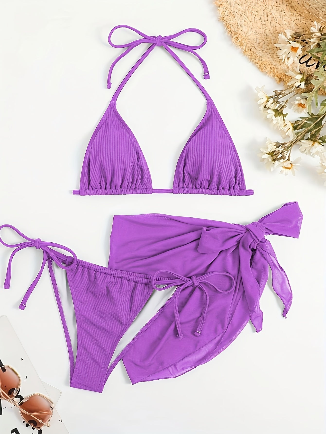 19459 1a-038 Conjunto Bikini Morado 3 Pzas