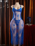19919 1a-123 Vestido sexy de encaje con estampado floral 2Pzs