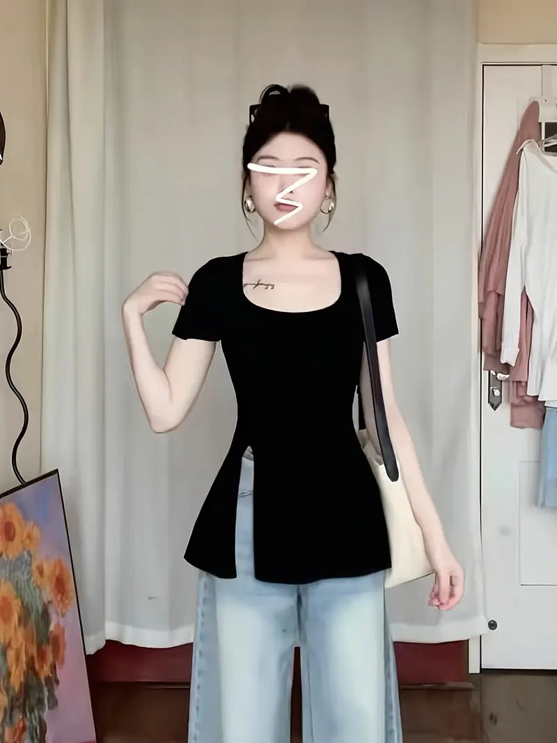 19918 1a-123 Camiseta con cuello cuadrado y abertura lateral