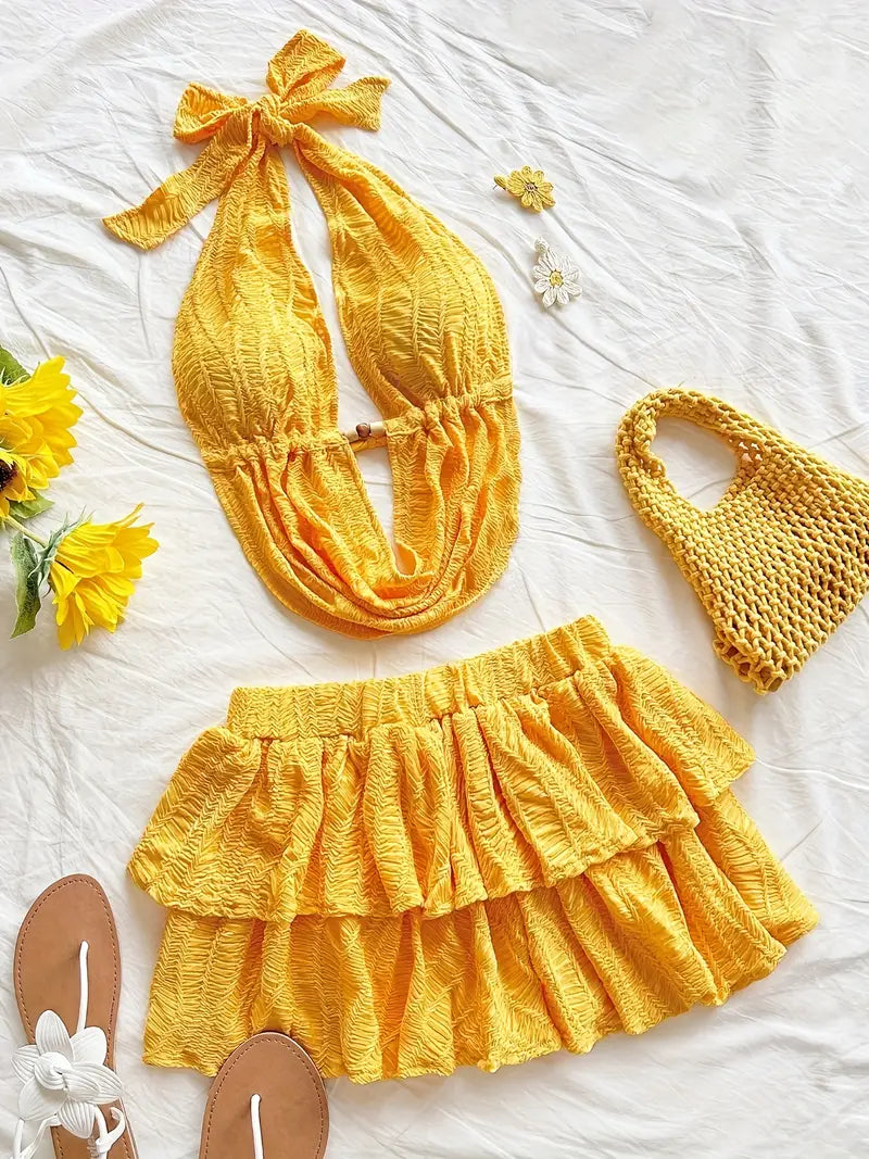 19883 1a-021 Conjunto bralette con escote en v y espalda deubierta, falda mini 2Pzs